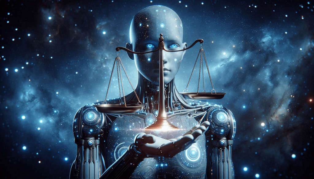 Alien female in space holding scales of justice