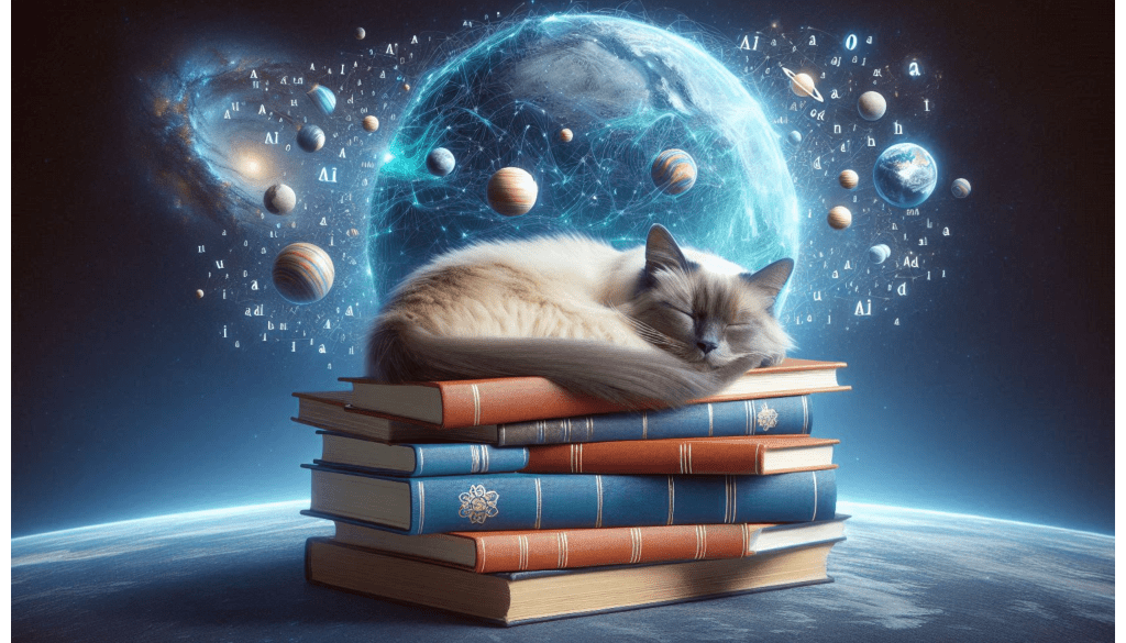 Balinese cat sleeping on a pile of books in space