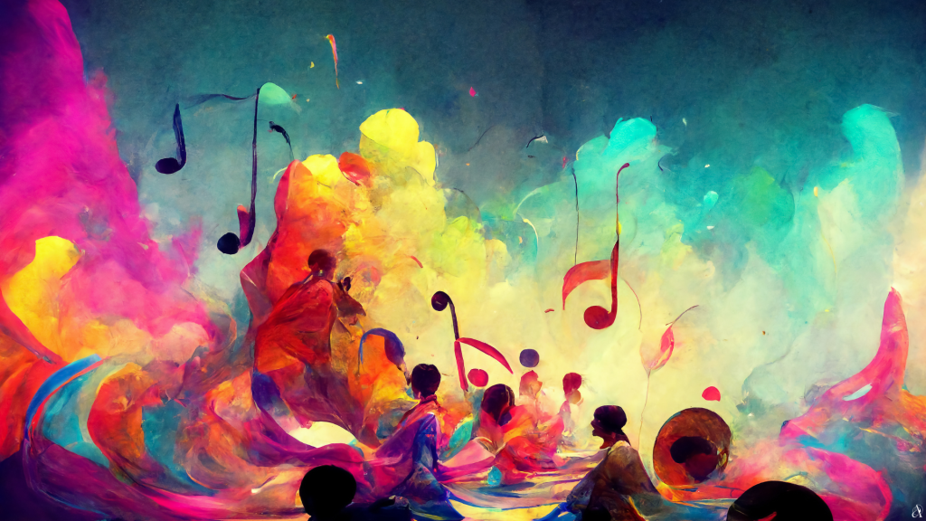 Abstract art depicting people and musical notes